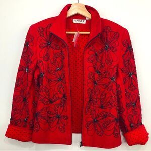 ANAGE Red Black Bead Embroidered Floral Design Holiday Statement Jacket NEW